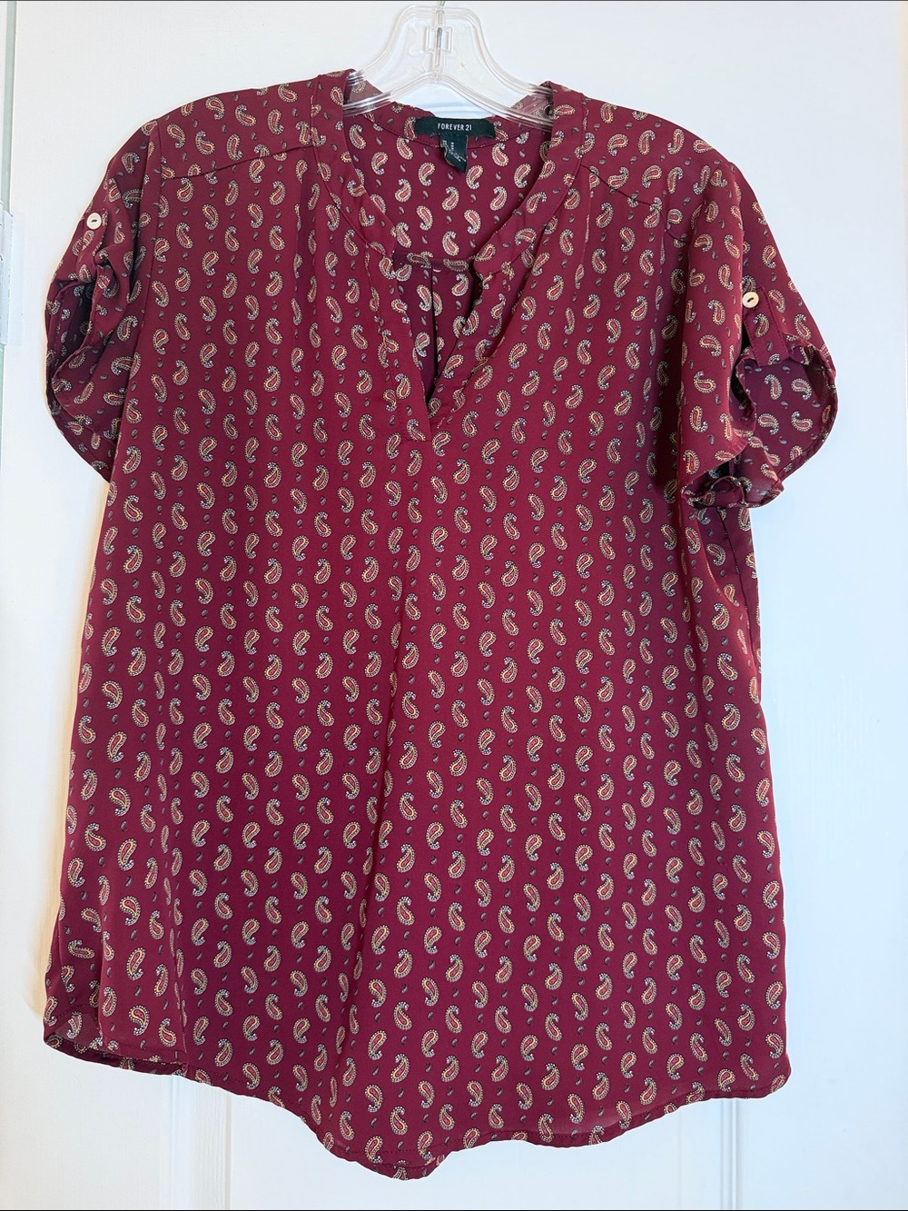 Forever 21 Wine Paisley Short-Sleeve Blouse